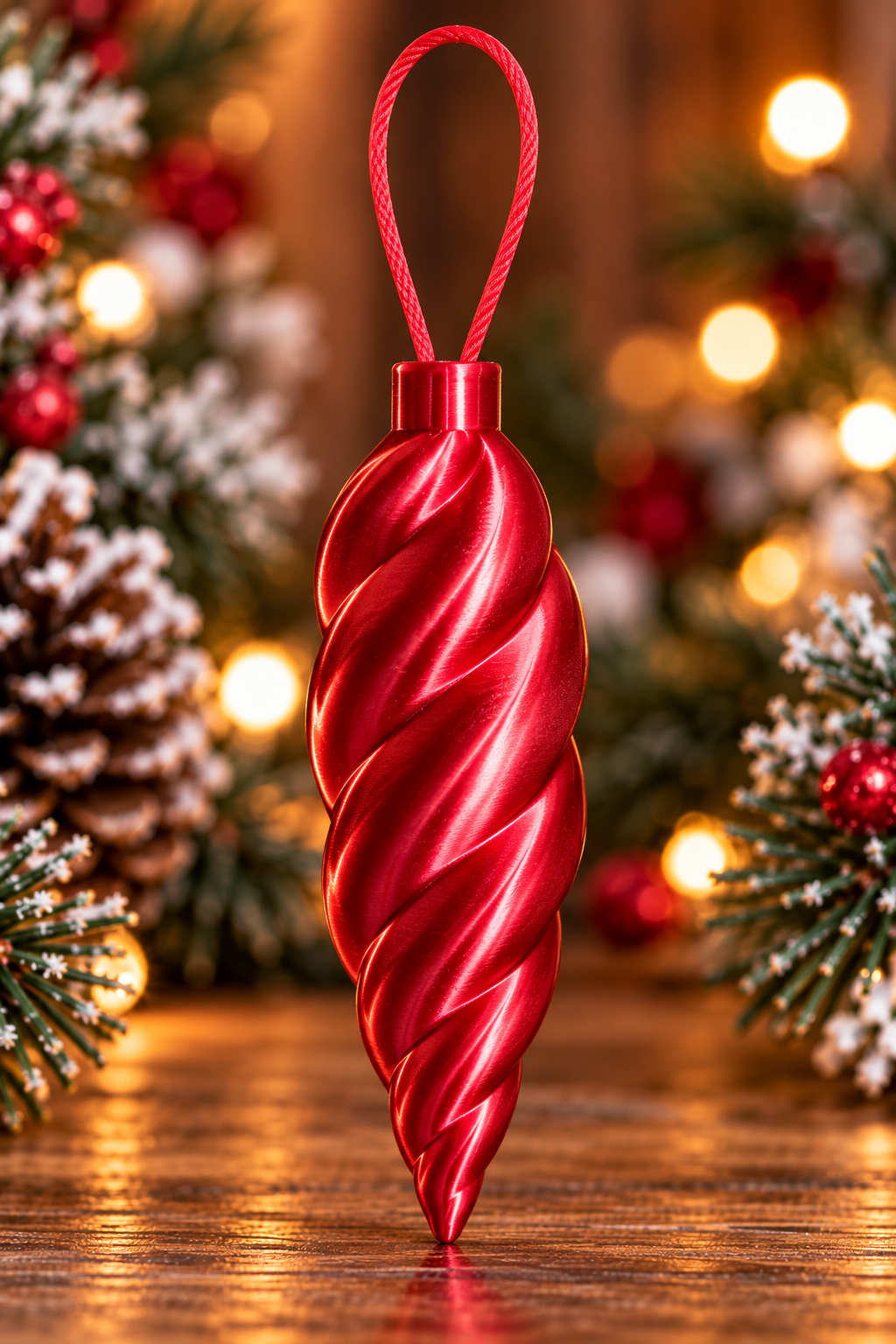 Décoration de sapin en forme de glaçon torsadé Rouge Silk, imprimée en 3D avec finition brillante effet silk et attache intégrée