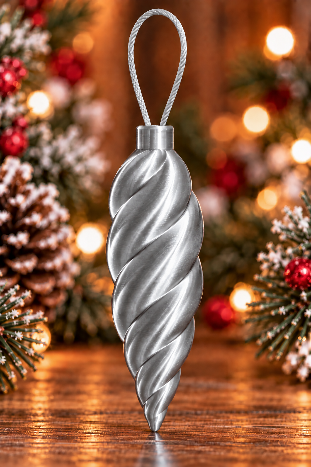  Décoration de sapin en forme de glaçon torsadé Argent Silk, imprimée en 3D avec finition brillante effet silk et attache intégrée