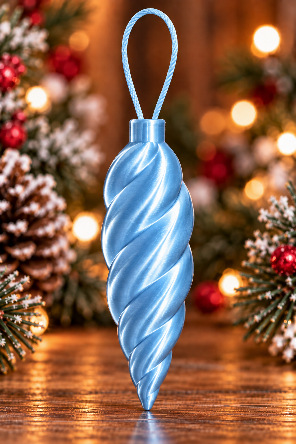  Décoration de sapin en forme de glaçon torsadé Bleu pâle Silk, imprimée en 3D avec finition brillante effet silk et attache intégrée