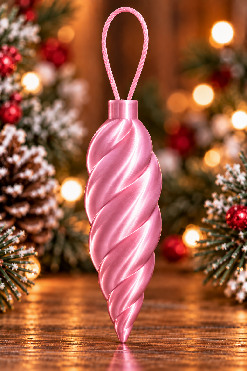  Décoration de sapin en forme de glaçon torsadé Rose pâle Silk, imprimée en 3D avec finition brillante effet silk et attache intégrée