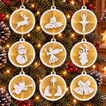 Lot de 9 ornements de Noël imprimés en 3D au Québec, avec cadres et motifs blancs sur tulle doré.
