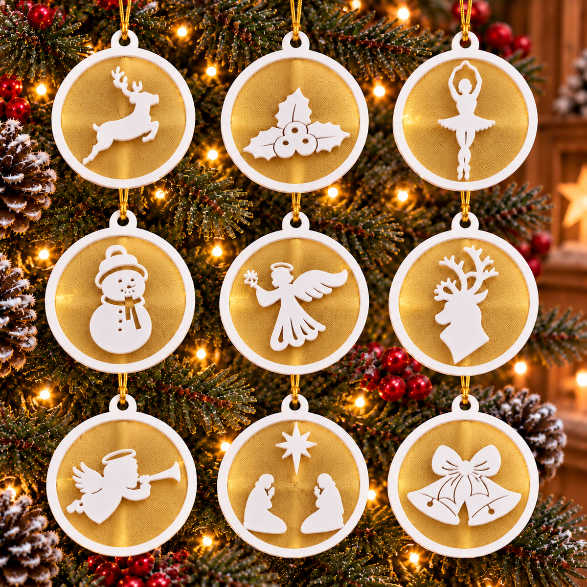 Lot de 9 ornements de Noël imprimés en 3D au Québec, avec cadres et motifs blancs sur tulle doré.