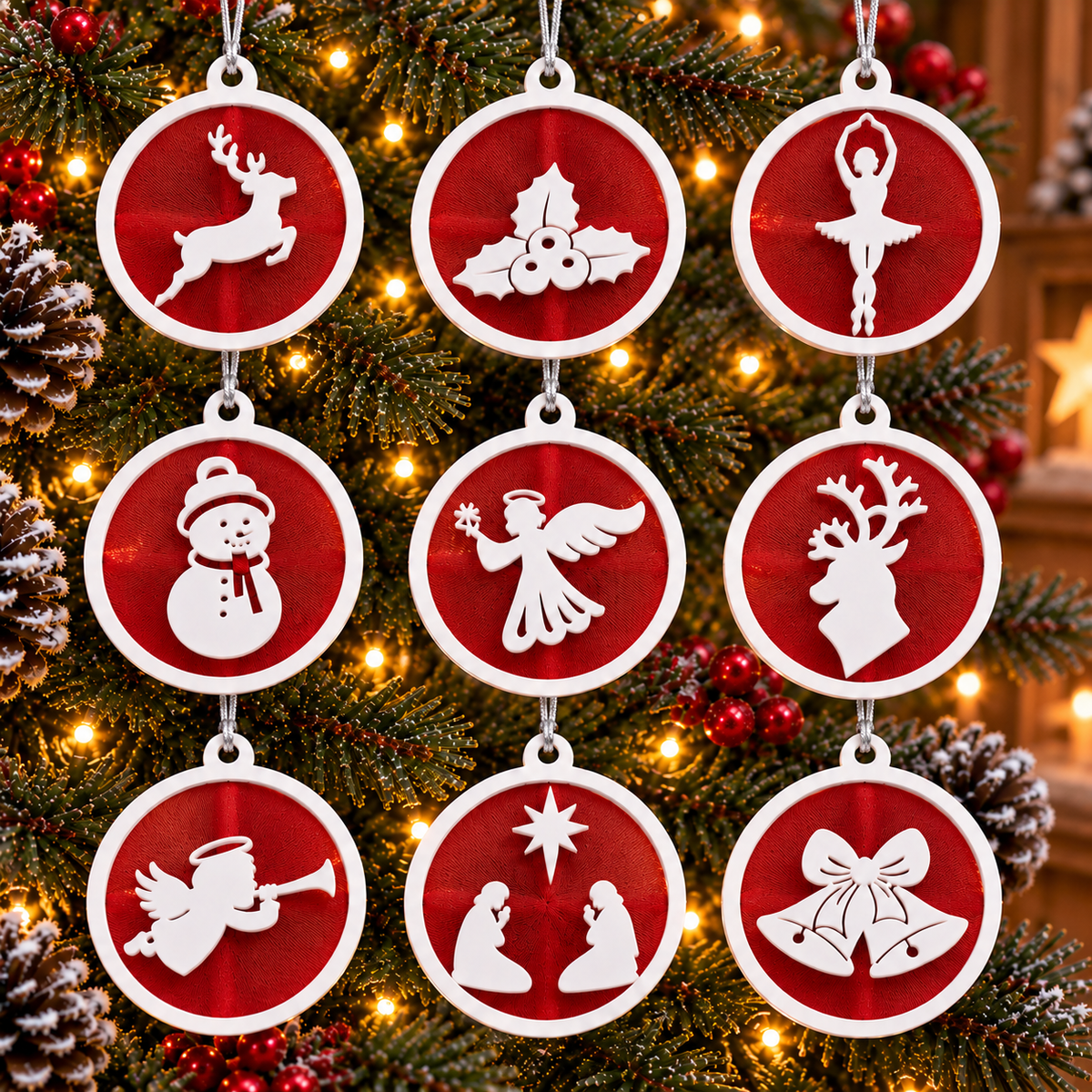 Neuf ornements de Noël à cadres et motifs blancs sur tulle rouge, suspendus dans un sapin illuminé.