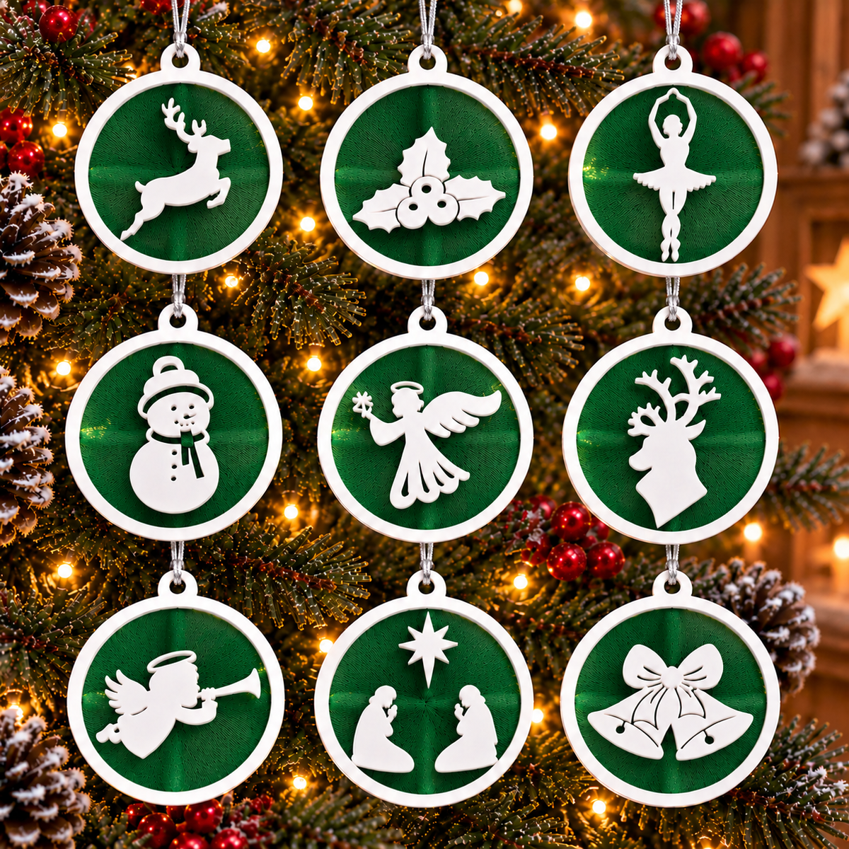 Neuf ornements de Noël à cadres et motifs blancs sur tulle vert, suspendus dans un sapin illuminé.