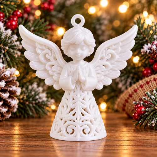 Ange décoratif petit garçon imprimé en 3D, avec grandes ailes détaillées, robe à motifs ajourés et anneau pour le suspendre au sapin
