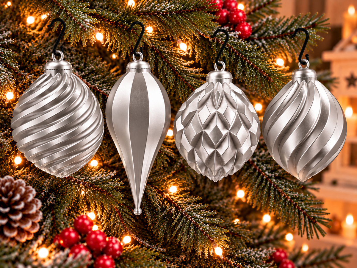  Lot de quatre ornements de Noël imprimés en 3D Argent silk, avec motifs sculptés différents et finition brillante effet silk