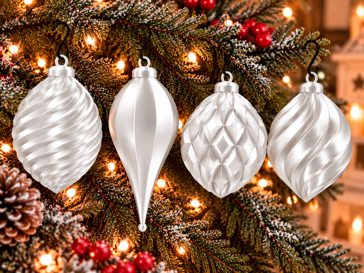  Lot de quatre ornements de Noël imprimés en 3D Blanc silk, avec motifs sculptés différents et finition brillante effet silk