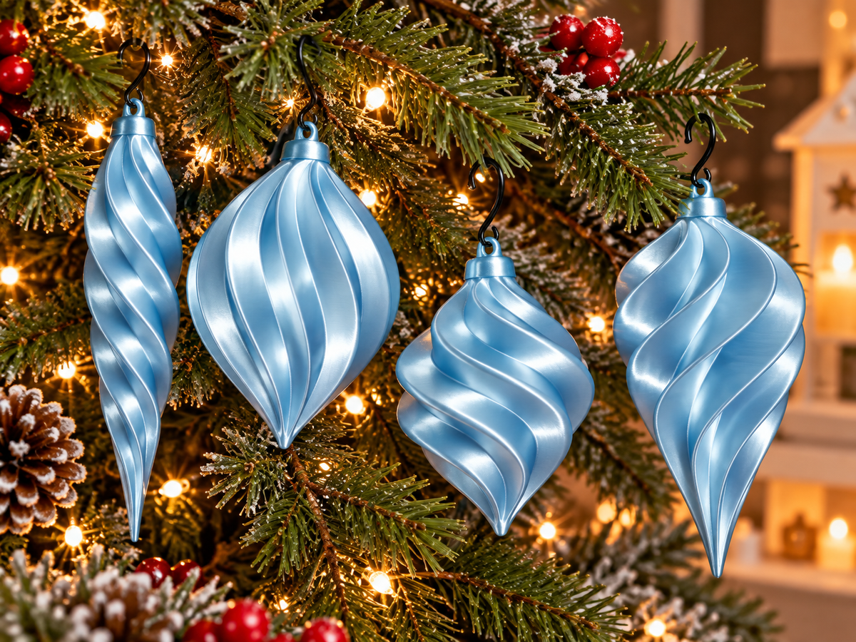  Lot de quatre ornements de Noël torsadés imprimés en 3D Bleu pâle silk, finition brillante effet silk et crochets pour les suspendre