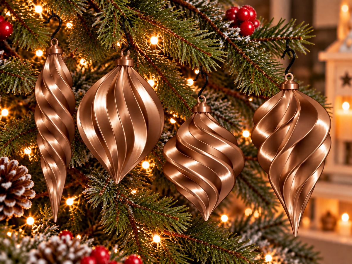  Lot de quatre ornements de Noël torsadés imprimés en 3D Bronze silk, finition brillante effet silk et crochets pour les suspendre