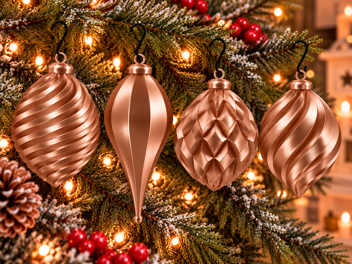  Lot de quatre ornements de Noël imprimés en 3D Bronze silk, avec motifs sculptés différents et finition brillante effet silk