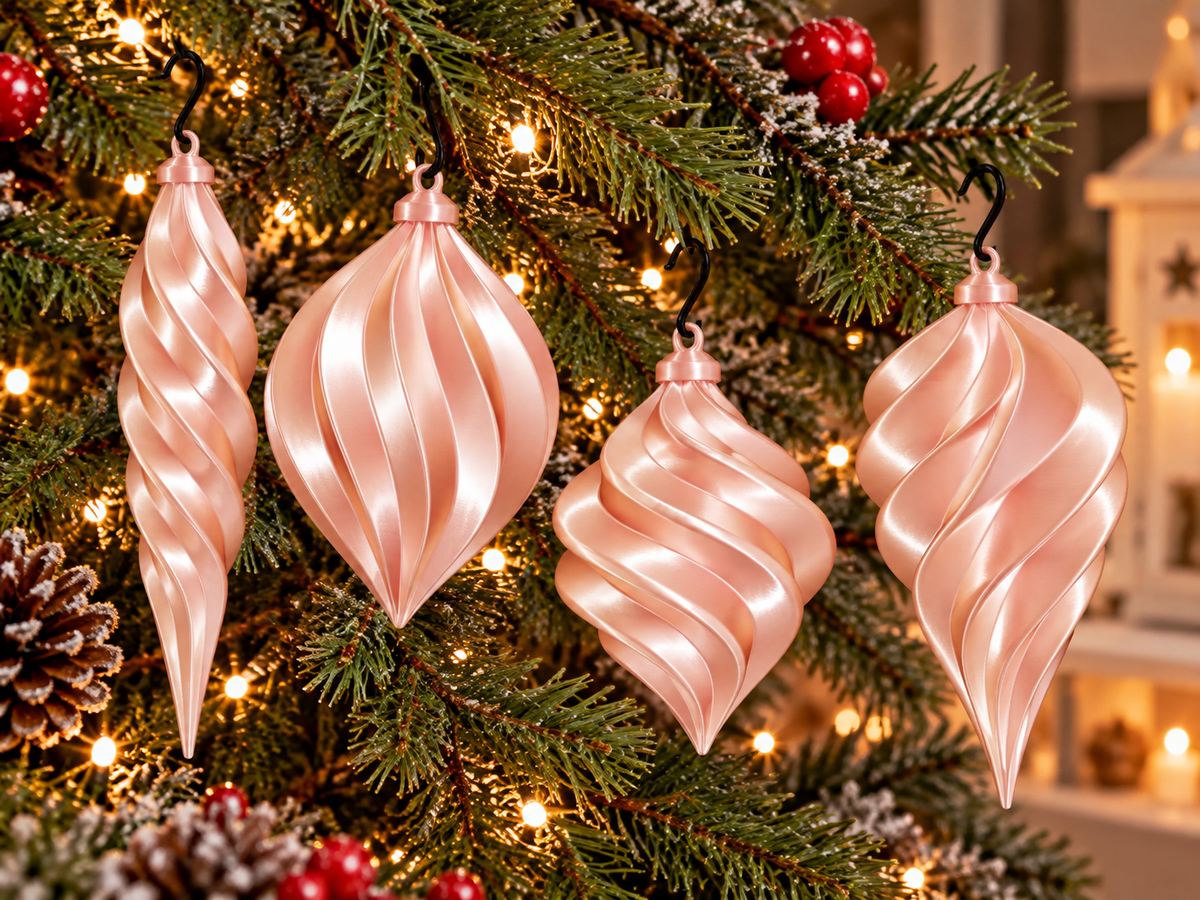  Lot de quatre ornements de Noël torsadés imprimés en 3D Rose silk, finition brillante effet silk et crochets pour les suspendre