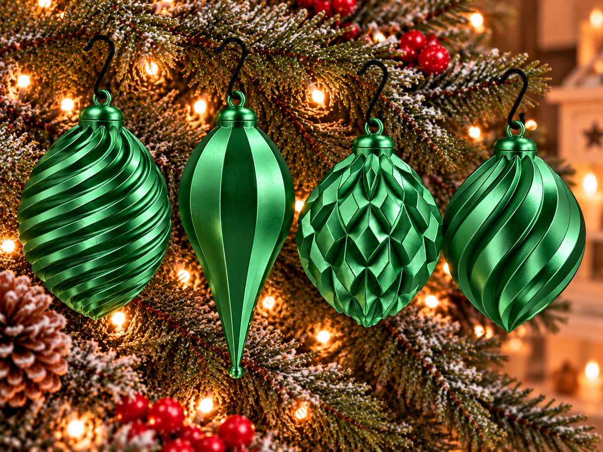  Lot de quatre ornements de Noël imprimés en 3D Vert silk, avec motifs sculptés différents et finition brillante effet silk