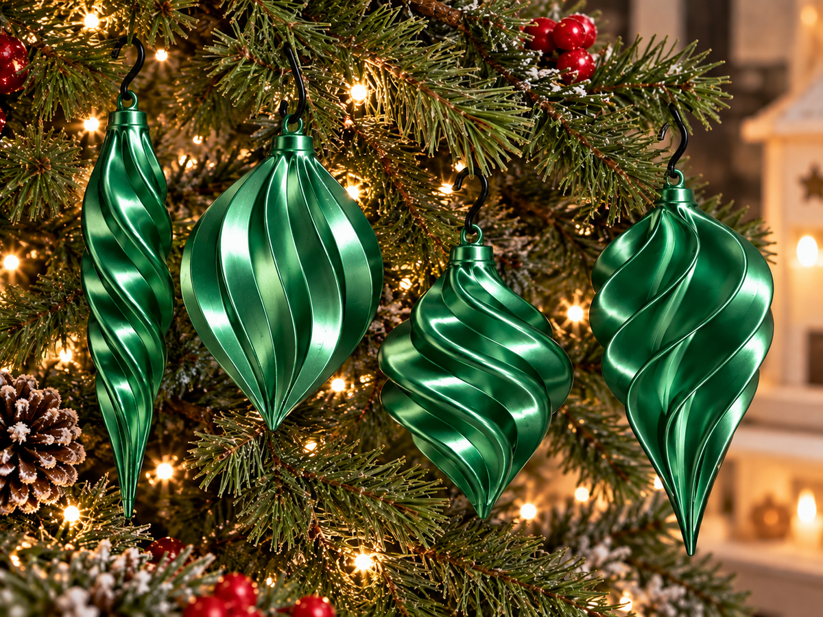  Lot de quatre ornements de Noël torsadés imprimés en 3D Vert silk, finition brillante effet silk et crochets pour les suspendre