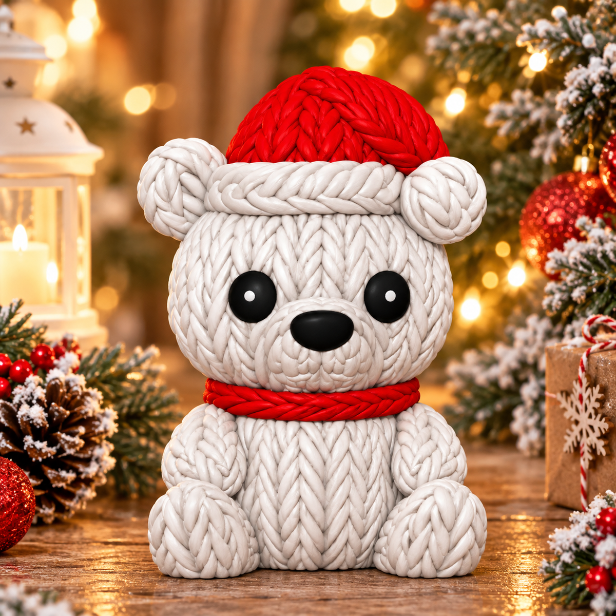 Ourson polaire de Noël imprimé en 3D avec bonnet rouge, écharpe et finition effet tricot