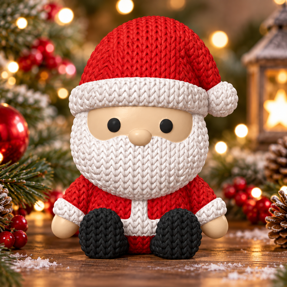 Figurine de Père Noël assis effet tricot, avec bonnet rouge, barbe blanche et bottes noires, dans un décor de Noël lumineux.