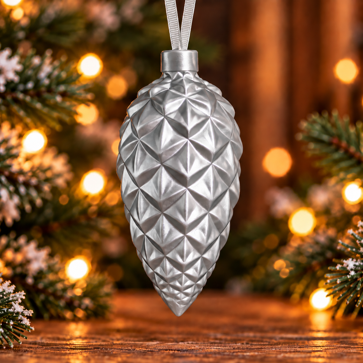  Décoration de sapin en forme de pomme de pin géométrique Silver silk, imprimée en 3D avec attache intégré