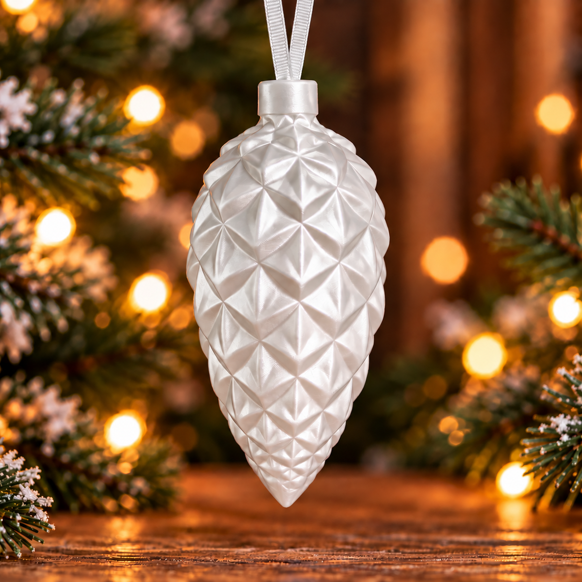  Décoration de sapin en forme de pomme de pin géométrique Blanc silk, imprimée en 3D avec attache intégrée