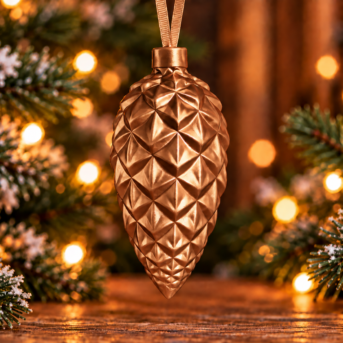  Décoration de sapin en forme de pomme de pin géométrique Bronze silk, imprimée en 3D avec attache intégrée