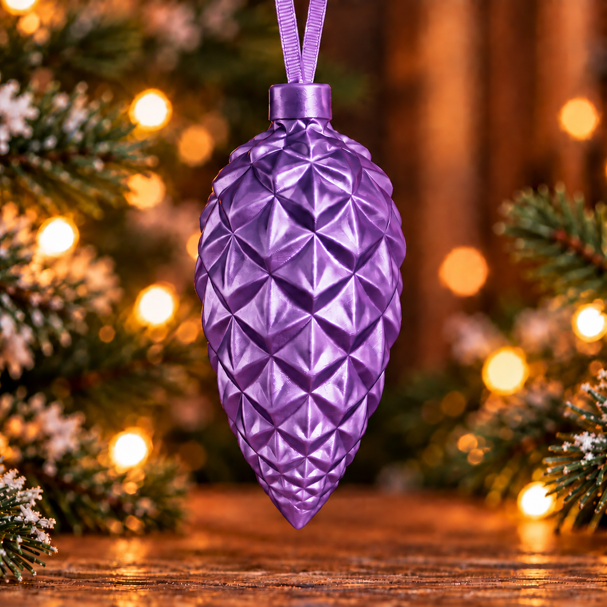  Décoration de sapin en forme de pomme de pin géométrique mauve silk, imprimée en 3D avec attache intégrée