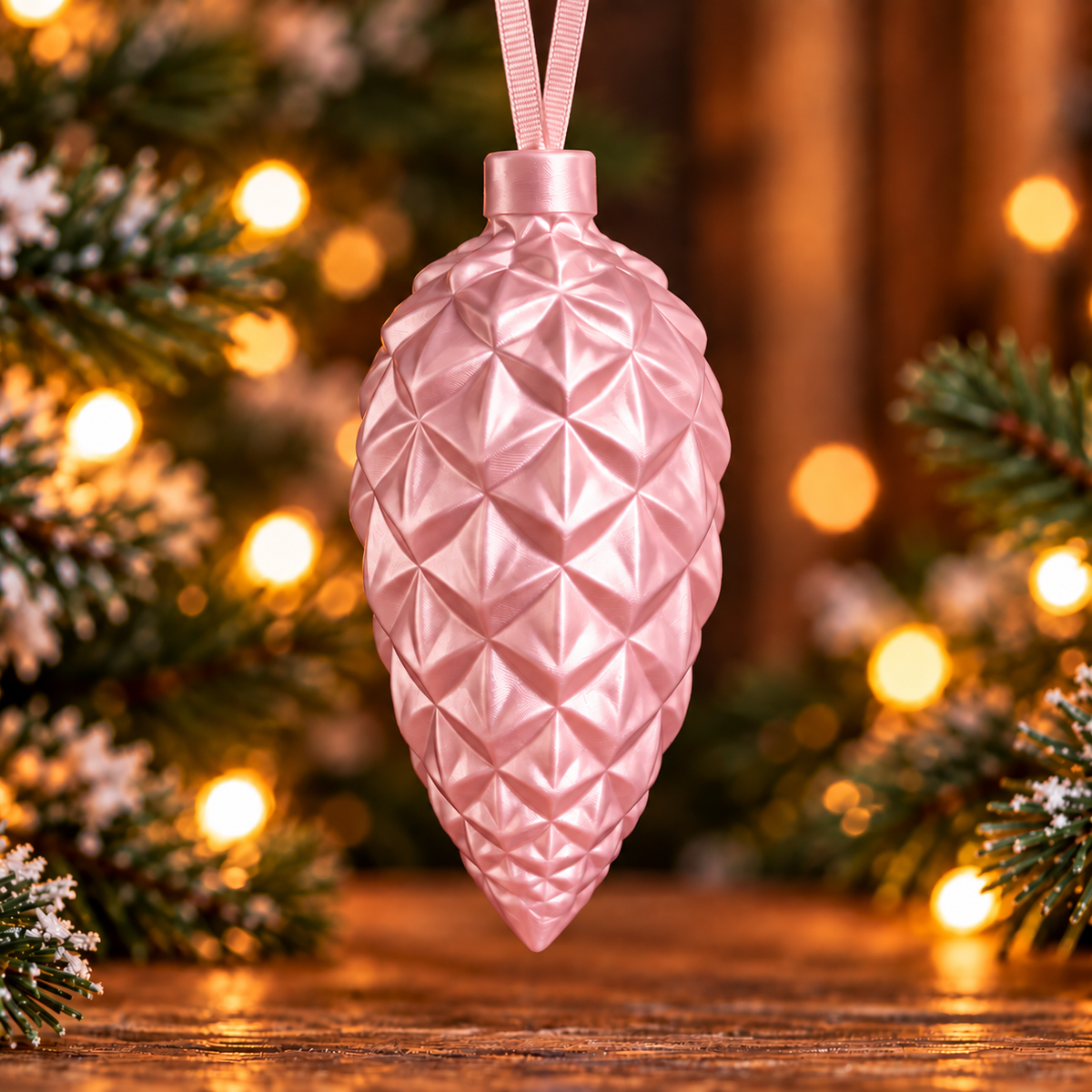 Décoration de sapin en forme de pomme de pin géométrique Rose silk, imprimée en 3D avec attache intégrée