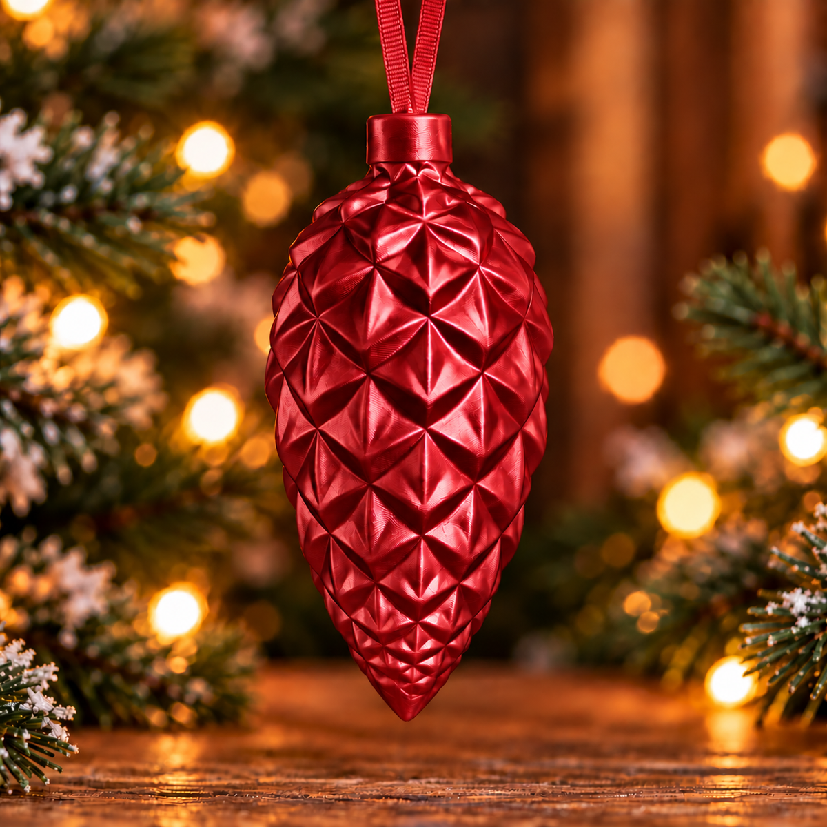  Décoration de sapin en forme de pomme de pin géométrique Rouge silk, imprimée en 3D avec attache intégrée