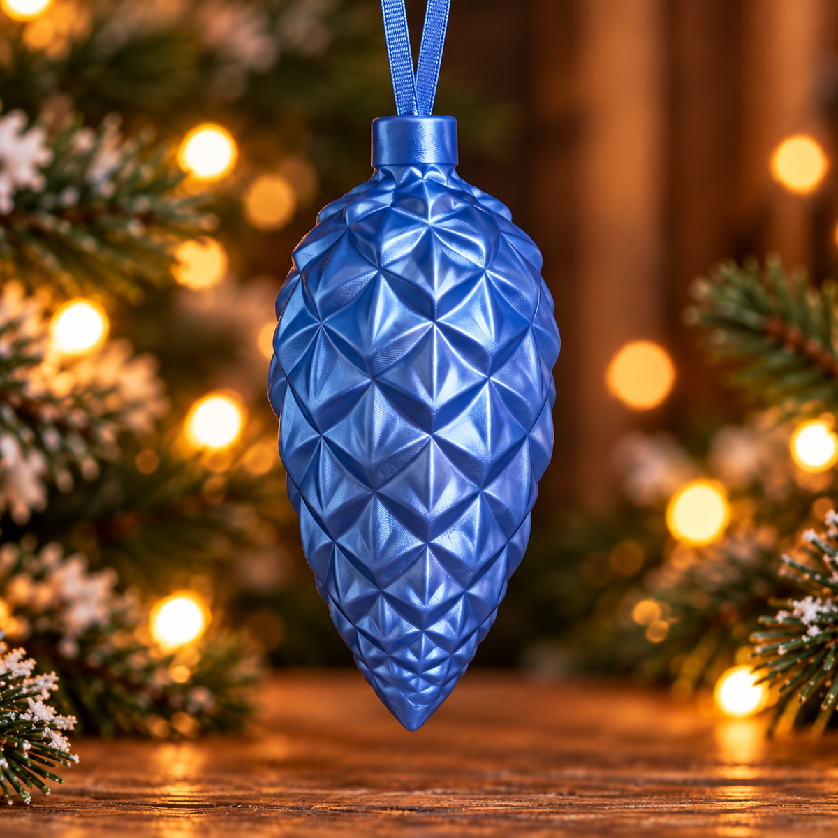 Décoration de sapin en forme de pomme de pin géométrique Bleu silk, imprimée en 3D avec attache intégrée