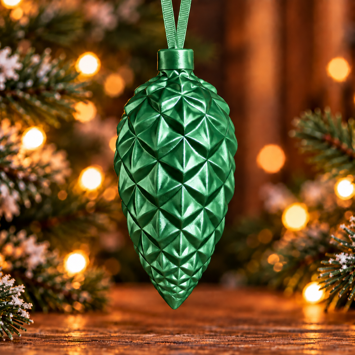  Décoration de sapin en forme de pomme de pin géométrique Vert silk, imprimée en 3D avec attache intégrée