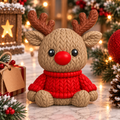 Renne de Noël rouge imprimé en 3D avec nez rouge, bois et finition effet tricot