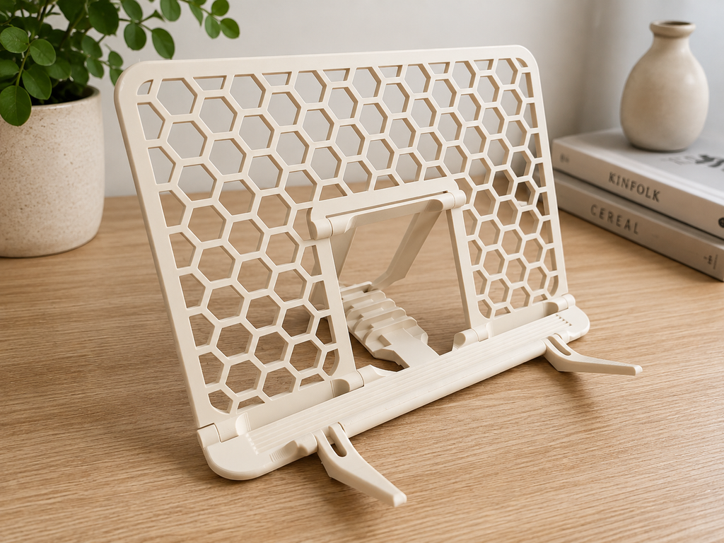 Support de lecture ajustable pliable imprimé en 3D, mains libres, compatible romans, mangas et livres de recettes, fabriqué au Québec