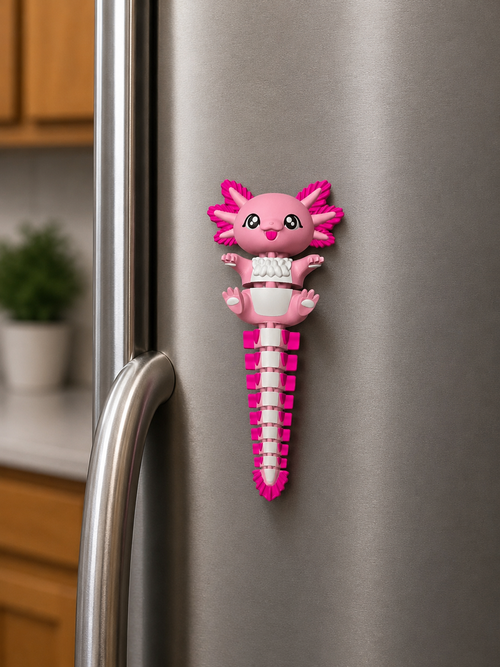 Aimant à frigo axolotl articulé kawaii imprimé en 3D, figurine flexible avec branchies colorées, cadeau original et mignon, fabriqué au Québec