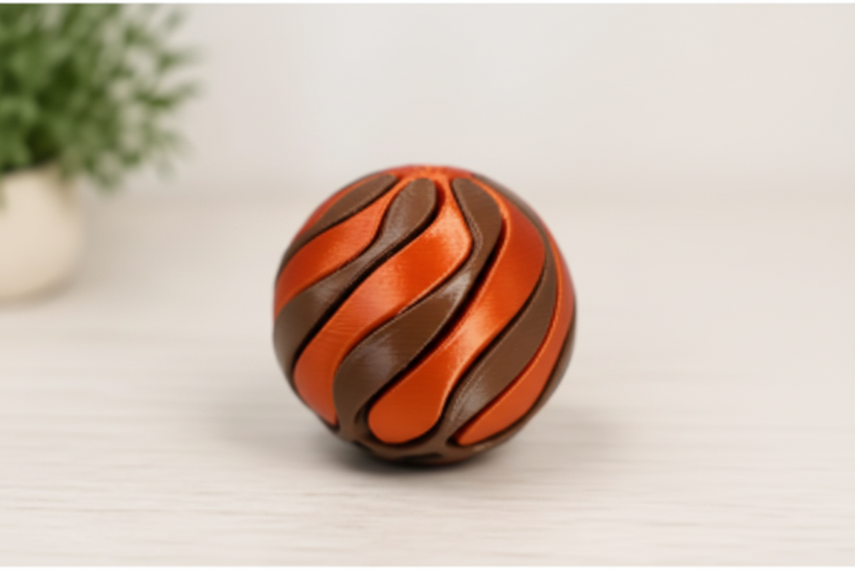 Balle ruban infinie imprimée en 3D bicolore orange et marron, jouet sensoriel anti-stress satisfaisant, fabriqué au Québec