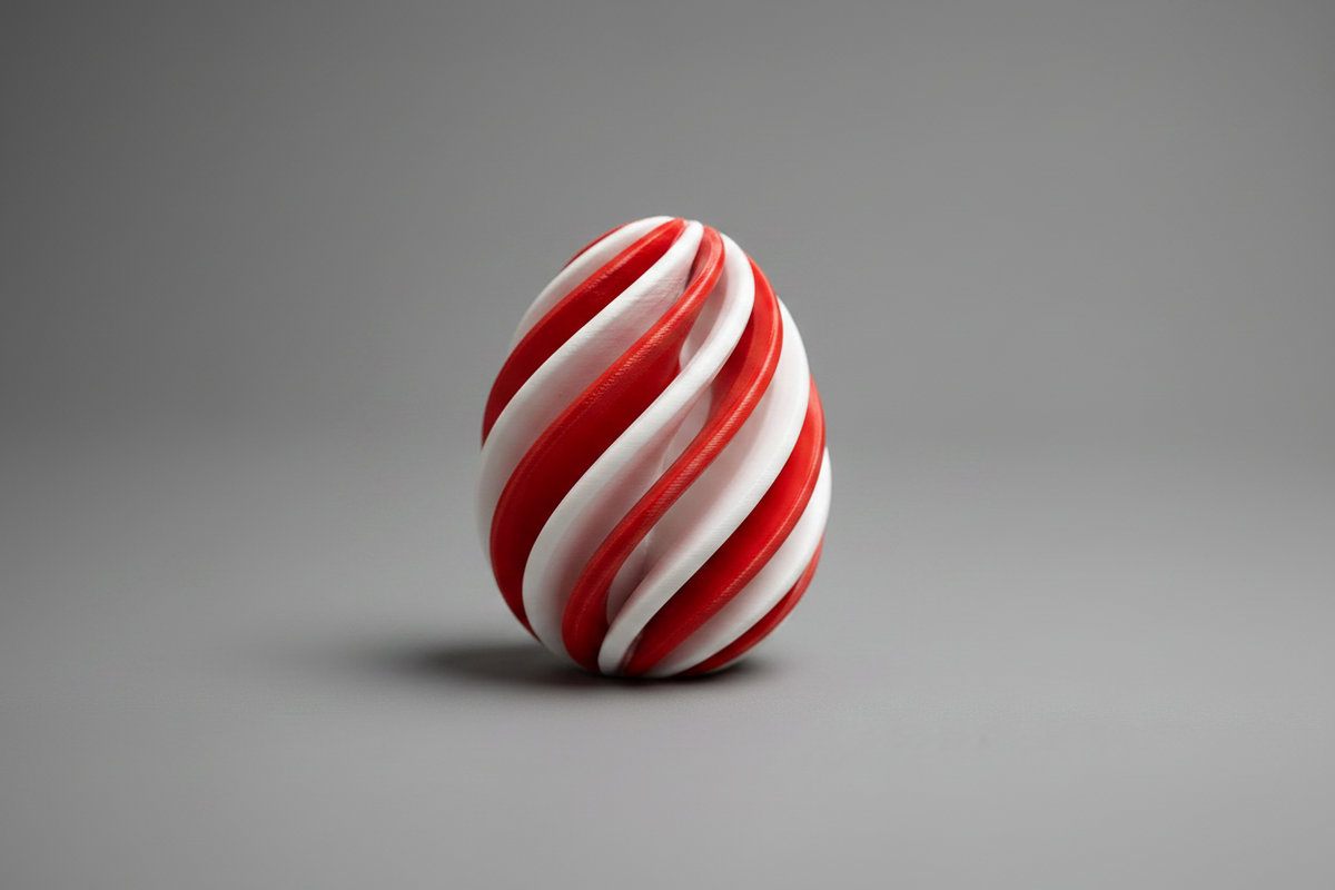 Œuf Infinity imprimé en 3D bicolore rouge et blanc, figurine géométrique effet hypnotisant, fabriqué au Québec