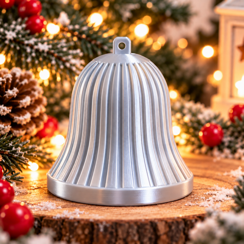 Cloche décorative de Noël cannelée argent silk, présentée seule, avec des lignes verticales en relief et un anneau de suspension. 