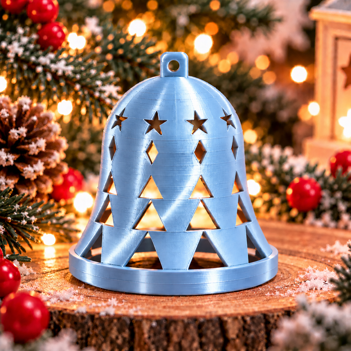 Cloche de Noël géométrique bleu pâle silk avec des motifs ajourés d’étoiles, de losanges et de triangles, et un anneau de suspension.