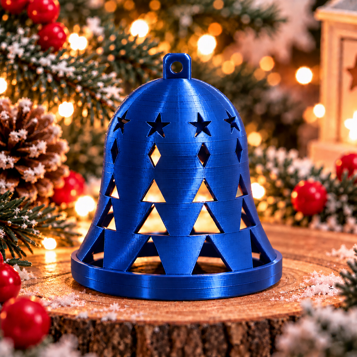 Cloche de Noël géométrique bleu silk avec des motifs ajourés d’étoiles, de losanges et de triangles, et un anneau de suspension.