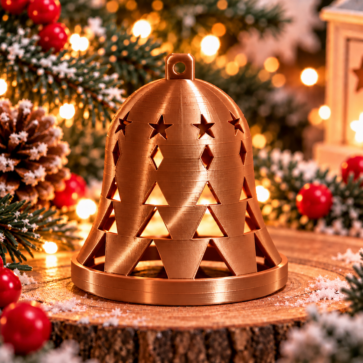 Cloche de Noël géométrique bronze silk avec des motifs ajourés d’étoiles, de losanges et de triangles, et un anneau de suspension.