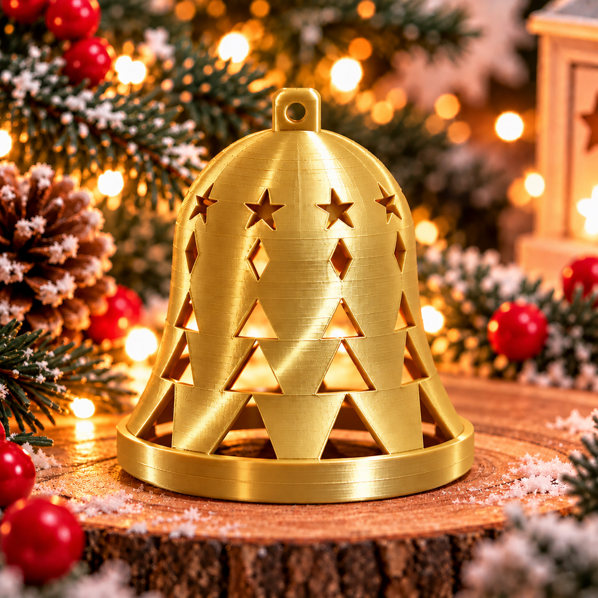 Cloche de Noël géométrique or silk avec des motifs ajourés d’étoiles, de losanges et de triangles, et un anneau de suspension.