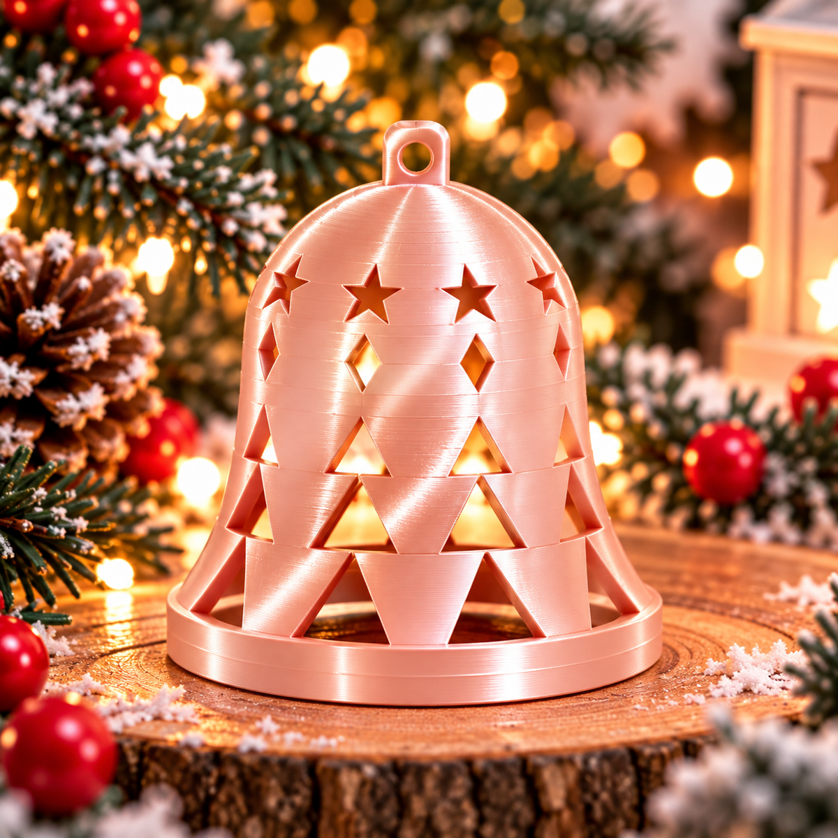 Cloche de Noël géométrique rose silk avec des motifs ajourés d’étoiles, de losanges et de triangles, et un anneau de suspension.
