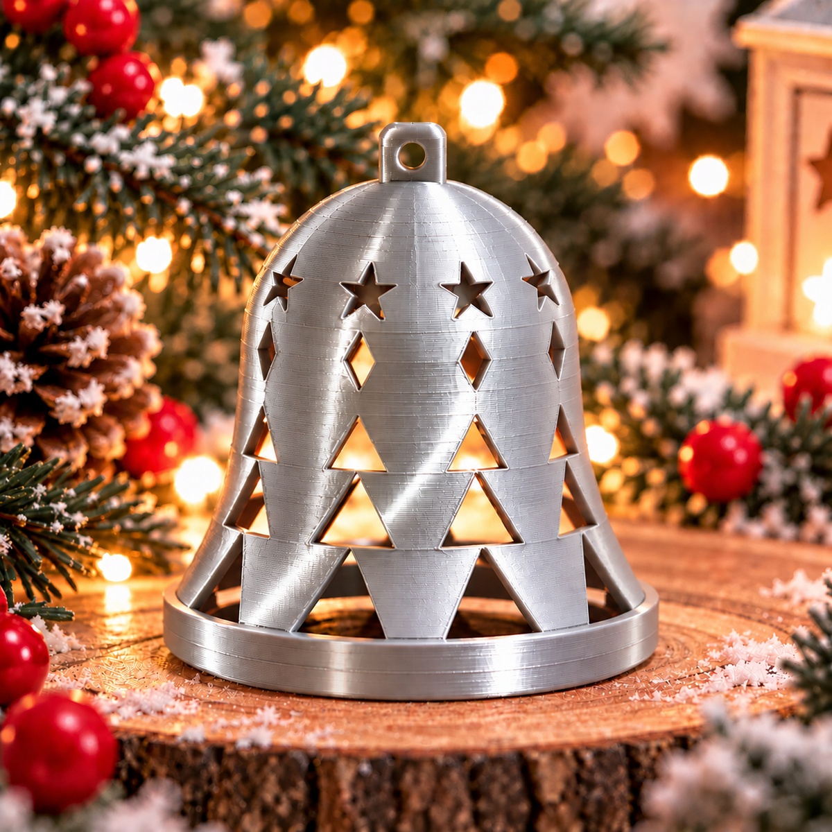 Cloche de Noël géométrique argent silk avec des motifs ajourés d’étoiles, de losanges et de triangles, et un anneau de suspension.