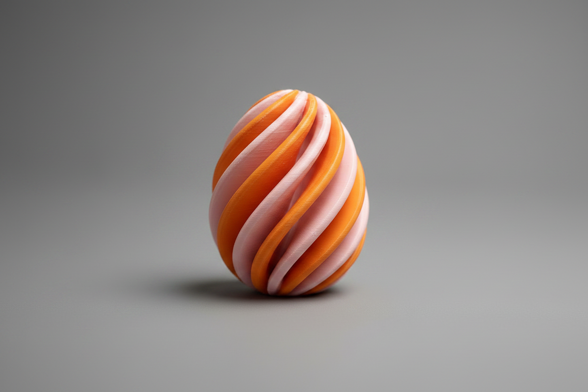 Œuf Infinity imprimé en 3D bicolore orange et rose, figurine géométrique effet hypnotisant, fabriqué au Québec