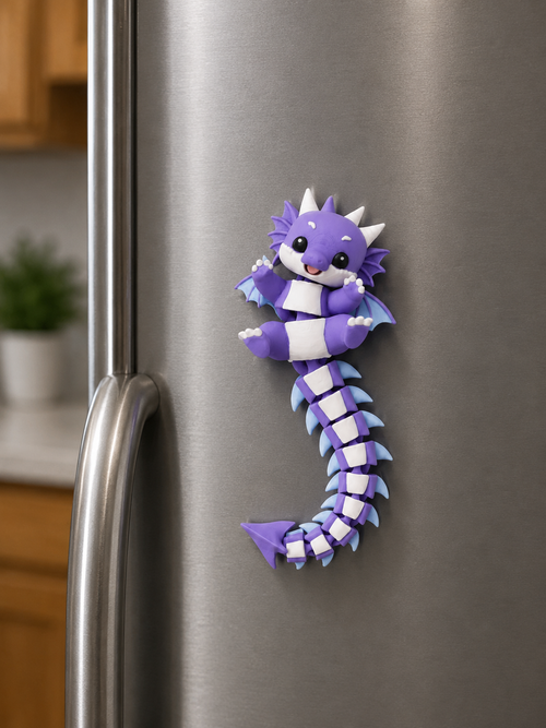 Aimant à frigo dragon articulé kawaii imprimé en 3D, figurine flexible avec ailes et cornes, cadeau original pour fans de dragons, fabriqué au Québec