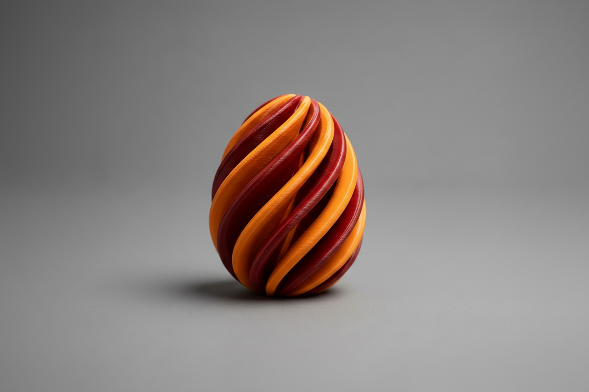 Œuf Infinity imprimé en 3D bicolore rouge et orange, figurine géométrique effet hypnotisant, fabriqué au Québec