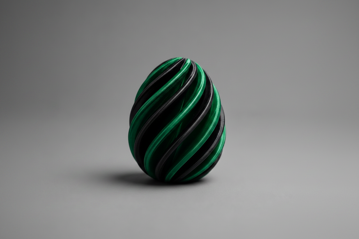 Œuf Infinity imprimé en 3D bicolore vert et noir, figurine géométrique effet hypnotisant, fabriqué au Québec