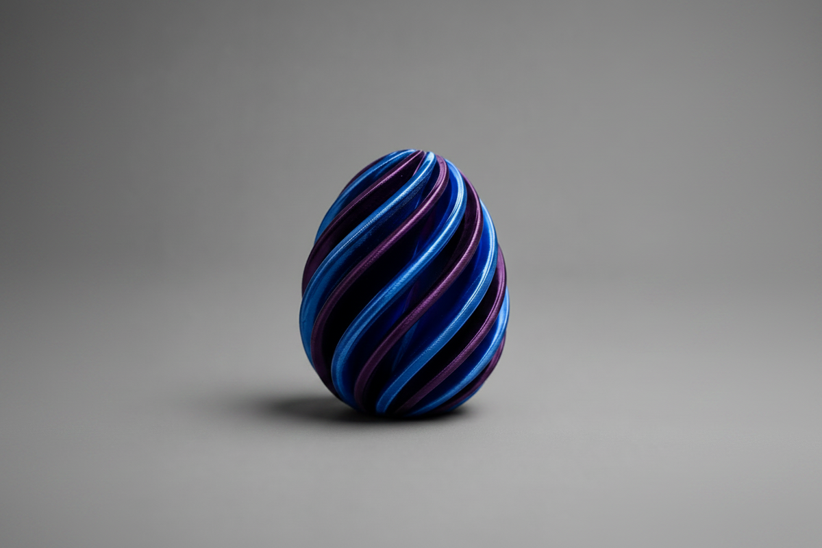 Œuf Infinity imprimé en 3D bicolore violet et bleu, figurine géométrique effet hypnotisant, fabriqué au Québec