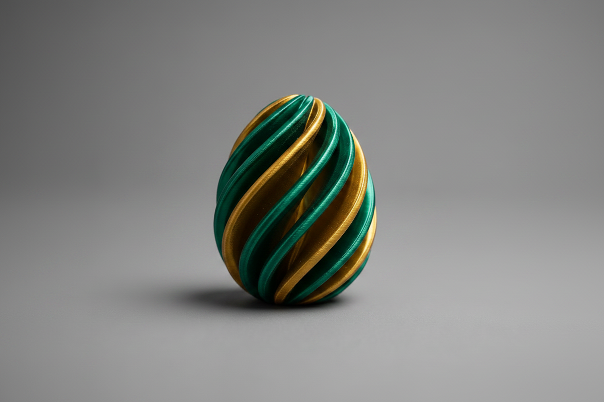 Œuf Infinity imprimé en 3D bicolore vert et or, figurine géométrique effet hypnotisant, fabriqué au Québec