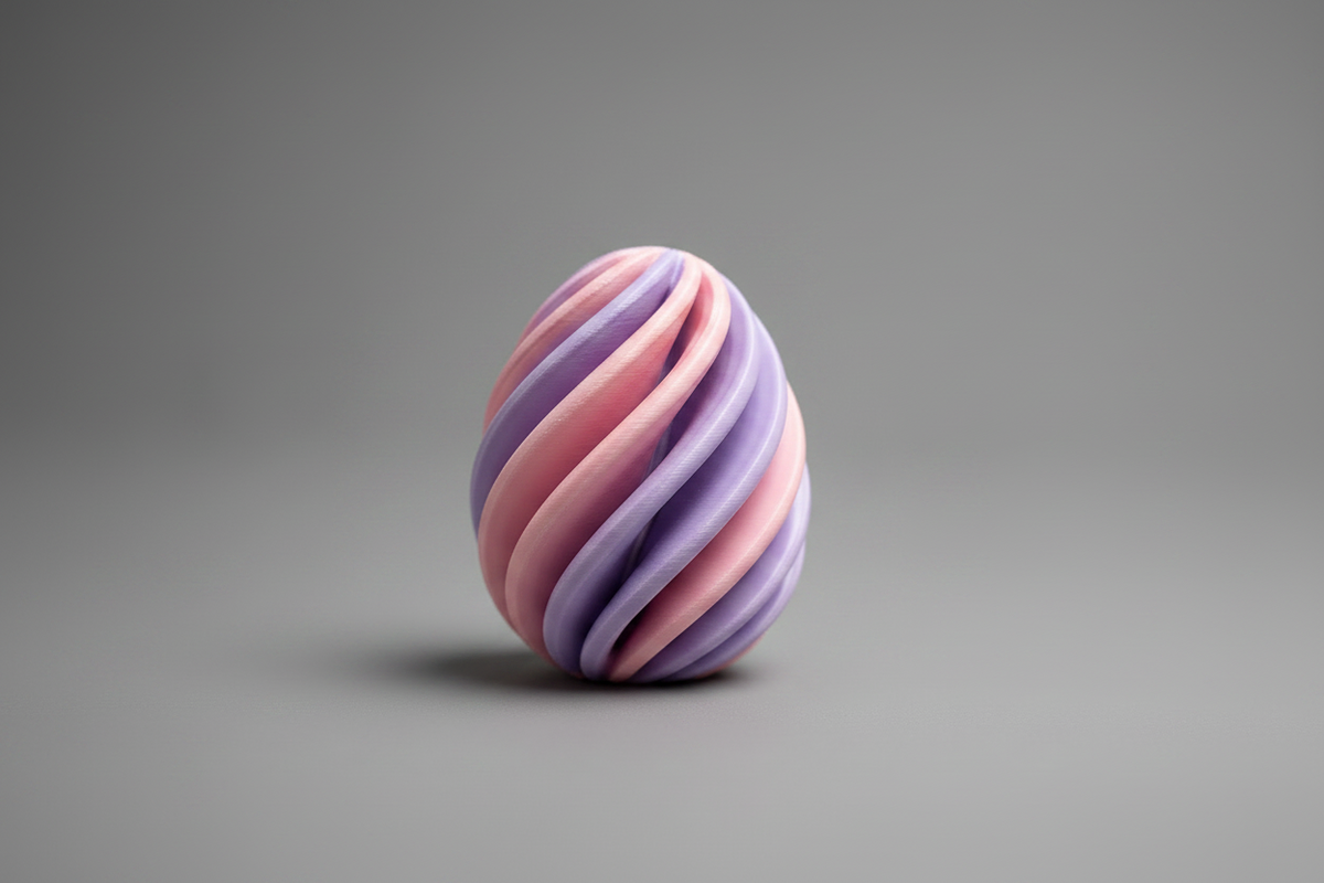 Œuf Infinity imprimé en 3D bicolore mauve et rose, figurine géométrique effet hypnotisant, fabriqué au Québec