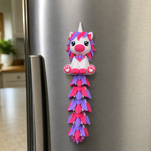 Aimant à frigo licorne articulée kawaii imprimée en 3D, figurine flexible avec corne et crinière colorées, cadeau féérique original, fabriqué au Québec