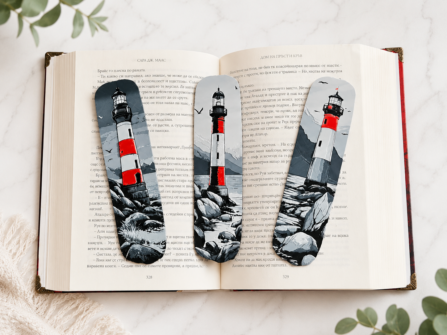 Trio de 3 marque-pages Phares imprimés en 3D, design maritime noir blanc rouge avec illustrations de phares côtiers, cadeau booklover fabriqué au Québec, Krystall Kreations