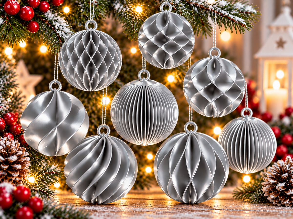 Ensemble de huit boules de Noël imprimées en 3D Argent silk, avec huit motifs texturés différents et finition brillante effet silk