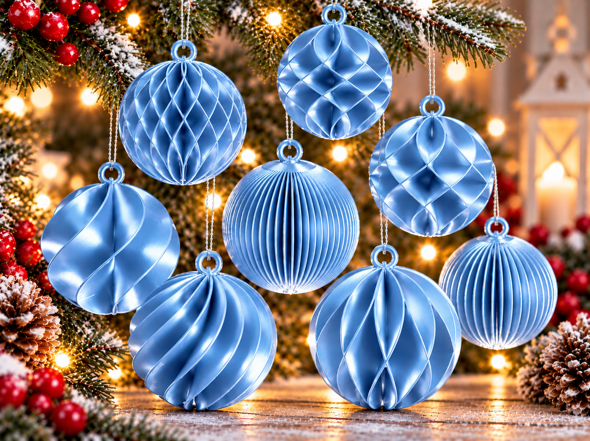 Ensemble de huit boules de Noël imprimées en 3D Bleu pâle silk, avec huit motifs texturés différents et finition brillante effet silk